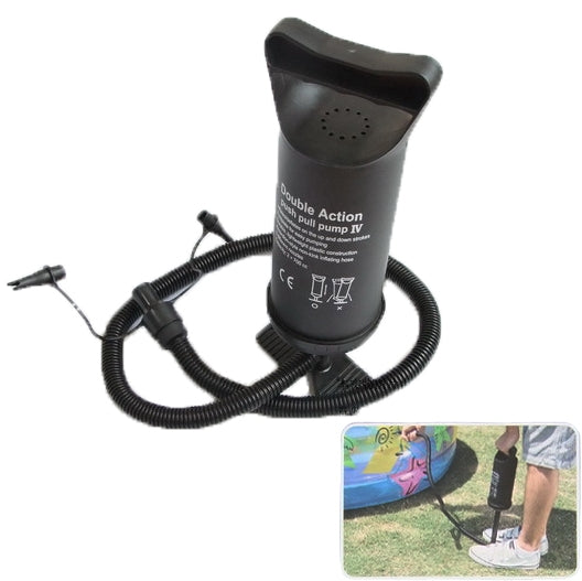 Double-action air pump with flexible hose and inflation nozzles for inflatables, black
