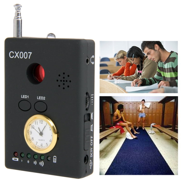 Black CX007 detector device with LED labels, speaker holes, and clock-style control dial