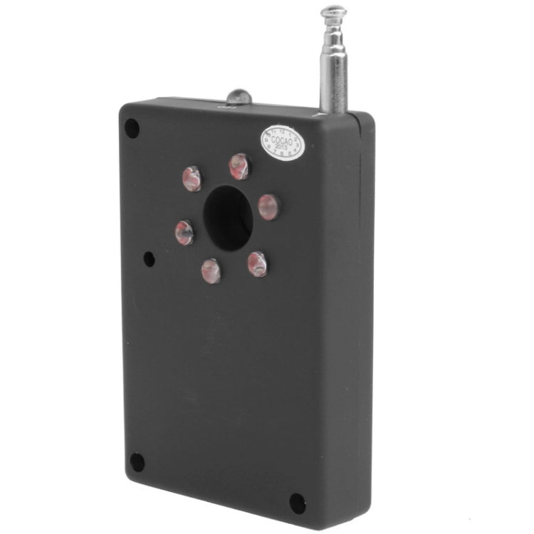 Black CX007 detector rear view with round speaker opening and silver antenna