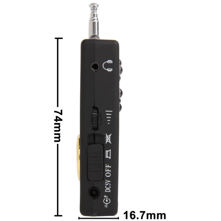 Black CX007 detector side view with labeled ports and power switch markings