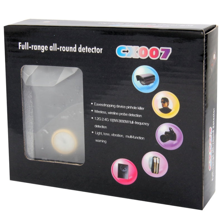 Retail box for CX007 full-range all-round detector with feature icons and antenna image