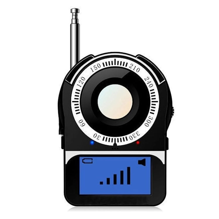 Wireless signal detector with black case, rotary dial, and blue LED screen