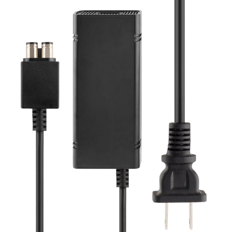 AC power adapter with cable and two-pin plug, compact black power brick