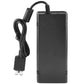 AC power adapter with attached cables and two-prong plug, compact black brick