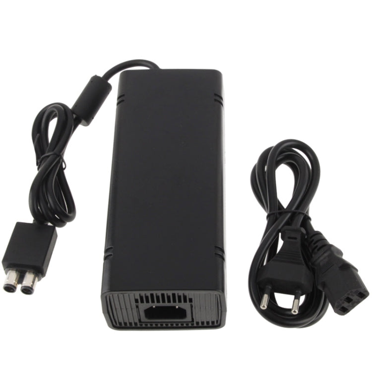 AC power adapter with power cable and two-prong plug, side view of ports