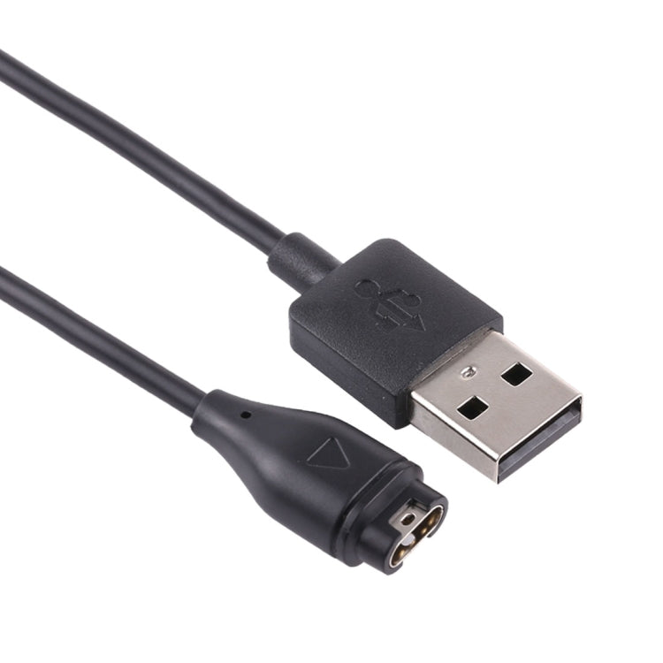 Close-up charging cable end: USB-A connector to 4-pin watch plug, black