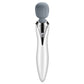 Handheld massage stick with gray silicone head and silver metal body, power button