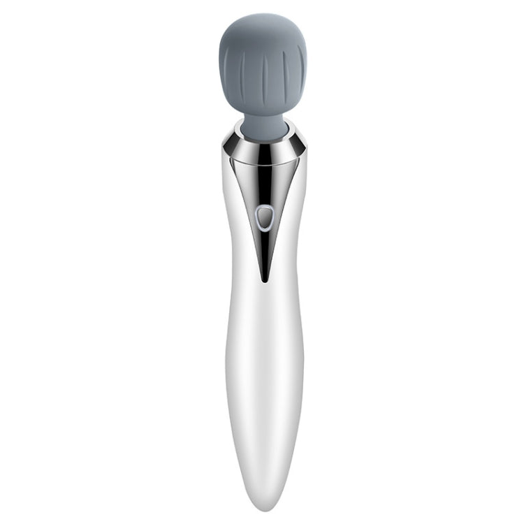 Handheld massage stick with gray silicone head and silver metal body, power button