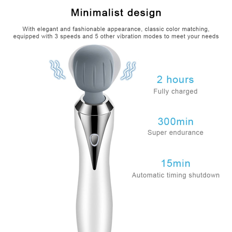 Electric massage stick with gray silicone head and timer and battery indicators