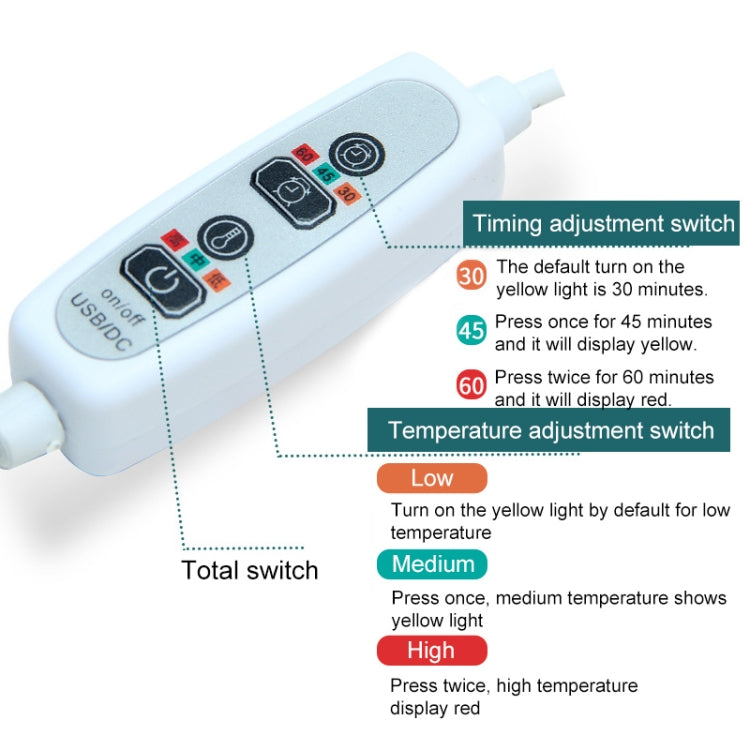 White USB/DC controller switch for heated eye mask with timer and temperature icons