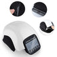 White knee massager with black strap pads and small control unit, side view detail