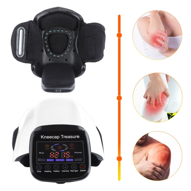 White infrared knee heat massager with black controller screen and elastic wrap straps