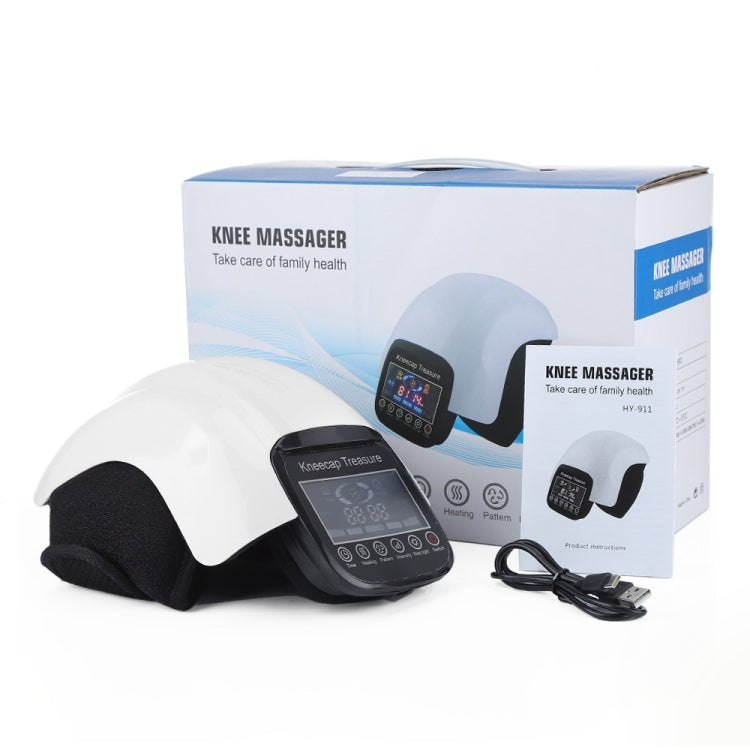 Knee massager kit with white wrap, black controller, and power cord beside box