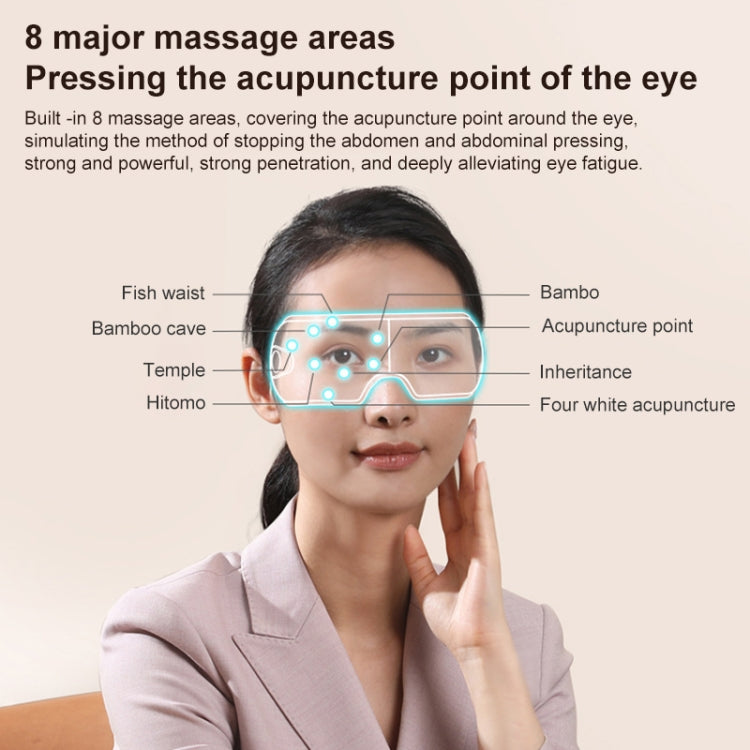 Eye massager worn on face with glowing massage areas over closed eyes.