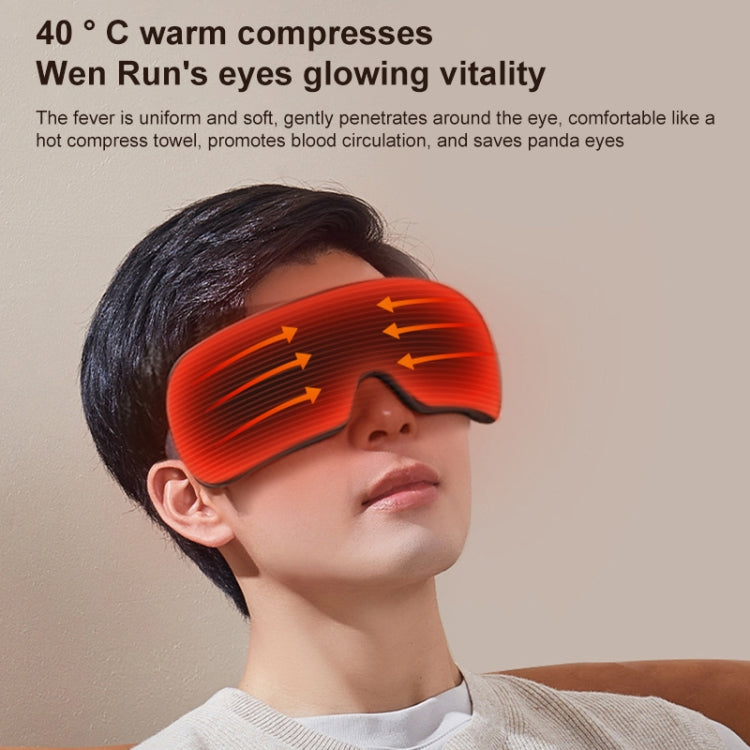Eye massager worn on face with warm red heating zones over closed eyes.