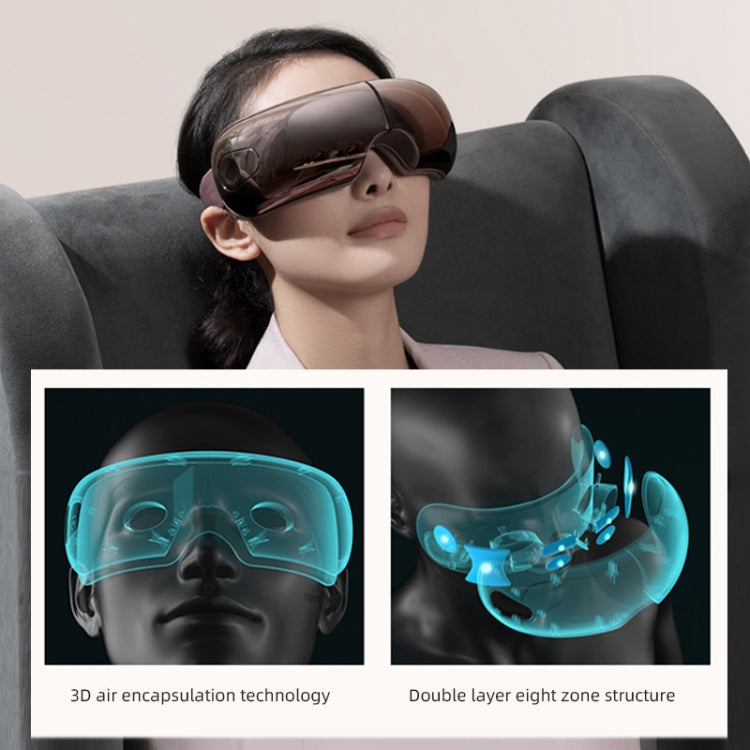 Eye massager visor over closed eyes with dark glossy outer shell and strap.