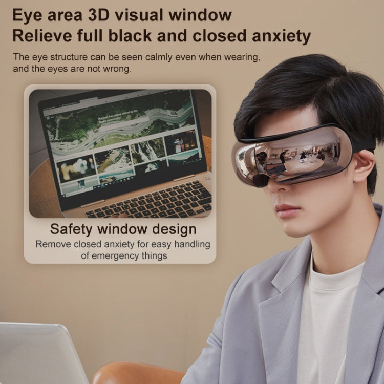 Eye massager visor over closed eyes with transparent viewing window section.