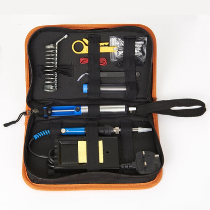 15-in-1 soldering iron kit in black case with orange trim and bundled tools inside