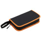 Portable soldering tool case with black fabric exterior and orange-edged zipper pouch