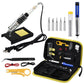 Soldering iron kit set with tools laid out and iron, cables, and yellow-black case