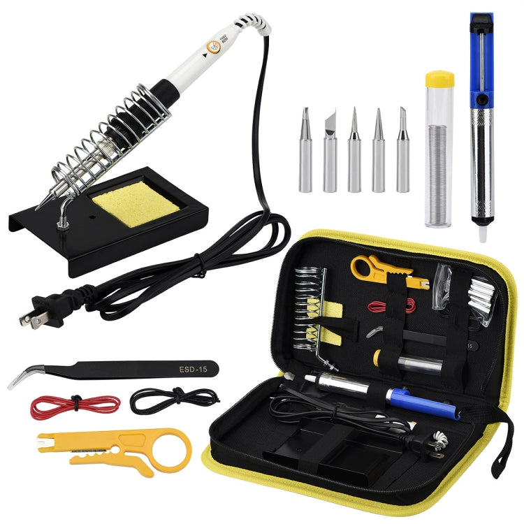 Soldering iron kit set with tools laid out and iron, cables, and yellow-black case