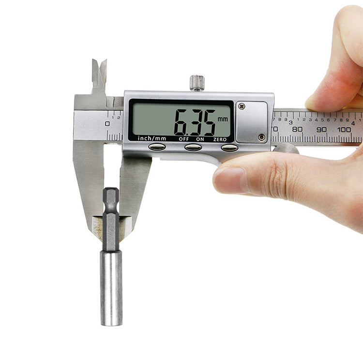1/4 hex magnetic drill extension rod measured with calipers, silver steel