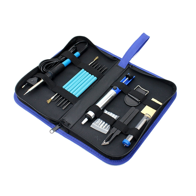 Soldering iron tool set in black and blue zip case with assorted tips and accessories