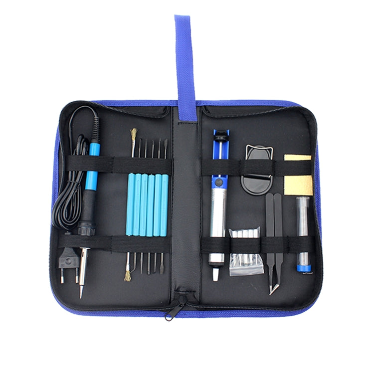 Soldering iron tool set inside open black and blue carrying case with organized components