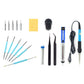 Assorted soldering accessories set with blue-handled tools, tips, sponges, and blades
