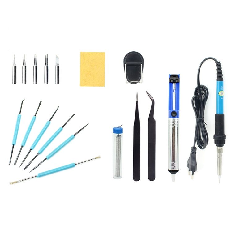 Assorted soldering accessories set with blue-handled tools, tips, sponges, and blades