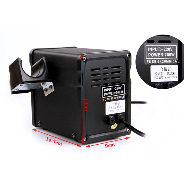 Compact hot air gun base unit with input/power label, fuse marking, side size arrows
