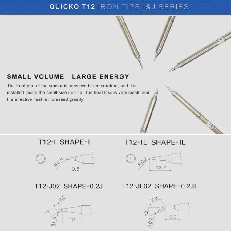 QUICKO T12 iron tips I&J series card showing multiple tip shapes and sizes