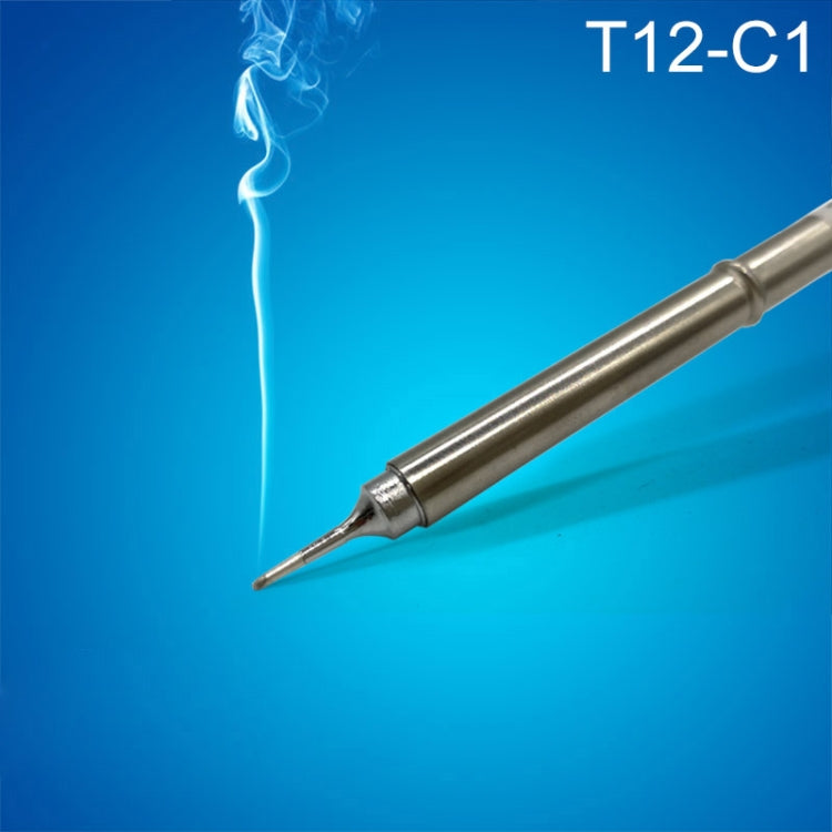 T12-C1 soldering iron tip with conical point and visible smoke