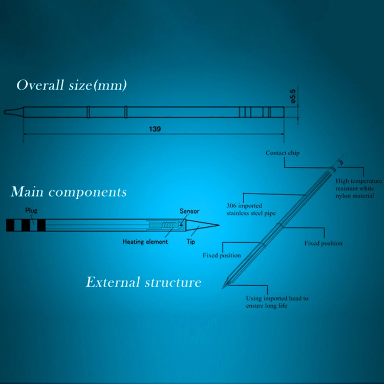 Soldering iron tip external structure diagram with overall size measurements