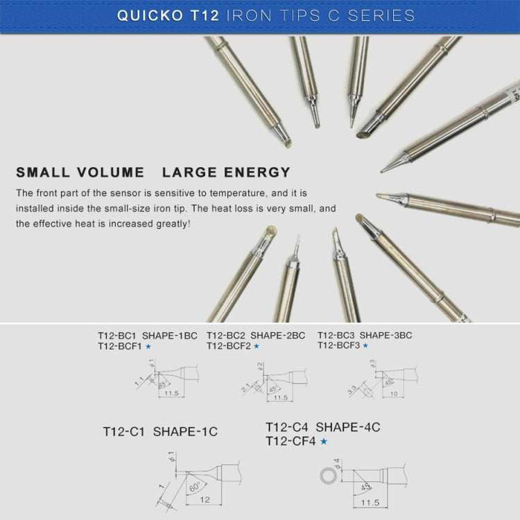 QUICKO T12 iron tips C series guide showing multiple tip shapes and sizes