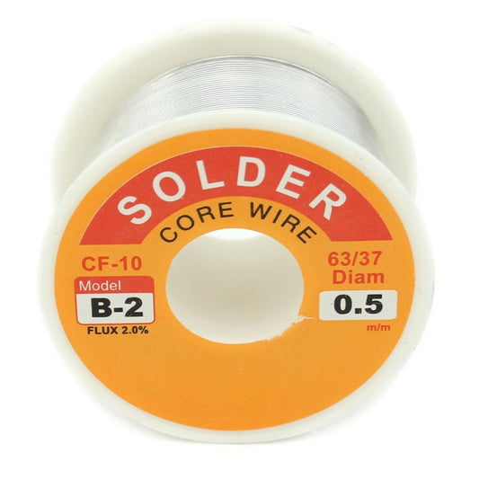 Solder core wire spool label shows CF-10, B-2 flux 2.0%, 63/37, diam 0.5mm