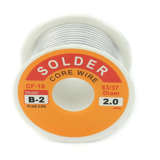 Solder wire spool label reads CF-10 B-2, flux 20%, 63/37, 2.0mm