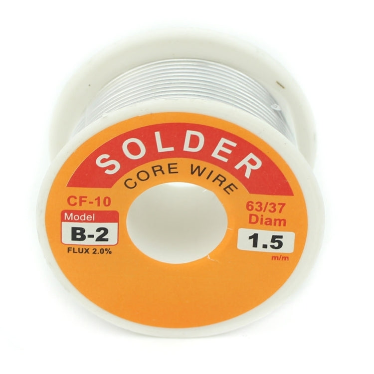Solder core wire spool showing 63/37 composition and 1.5mm diameter
