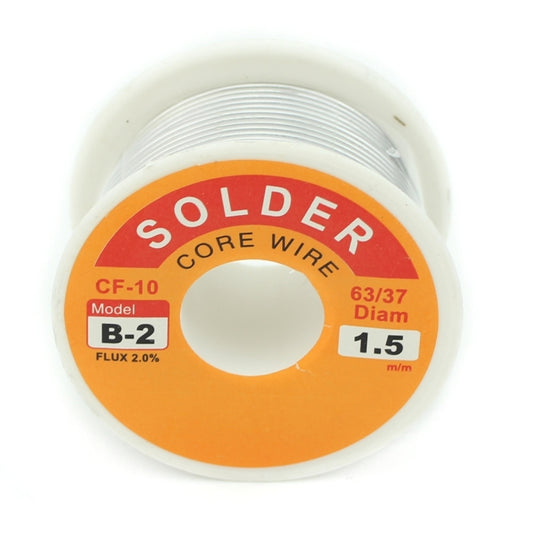 Solder core wire spool showing 63/37 composition and 1.5mm diameter