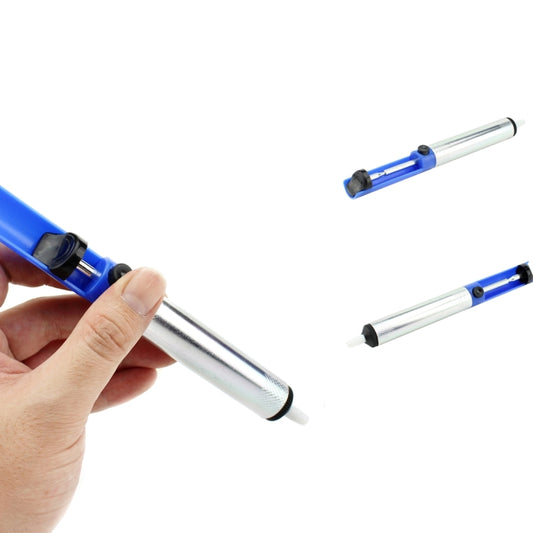 Blue soldering iron held in hand, metal barrel and white solder tip for electronics repair