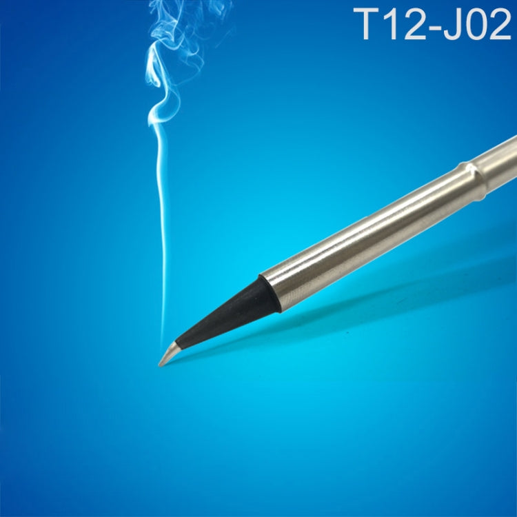 QUICKO T12-J02 soldering iron tip with black conical point and visible heat vapor
