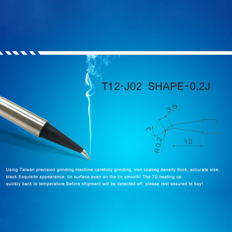 QUICKO T12-J02 soldering iron tip with black chisel point and dimension markings