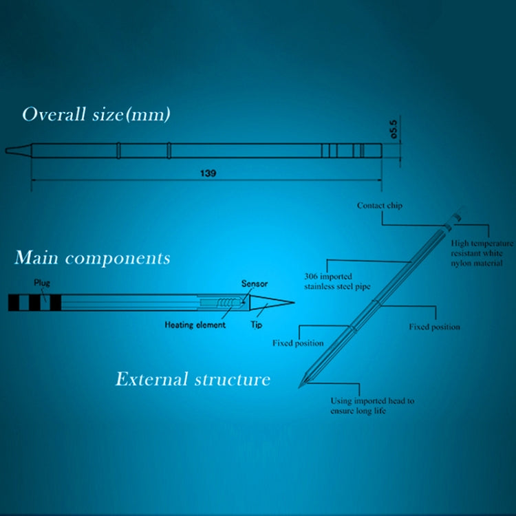 QUICKO T12-J02 soldering iron tip technical size diagram with contact chip