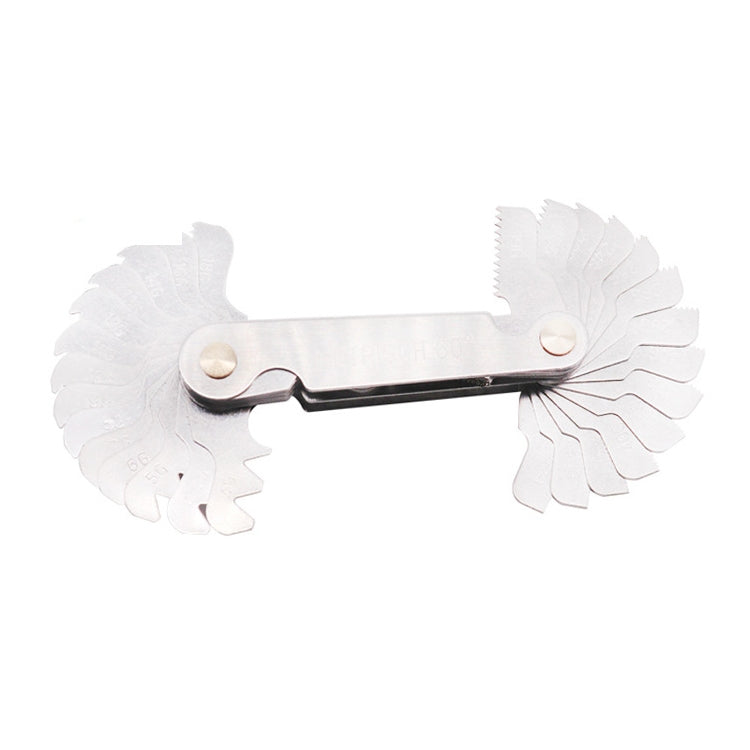 Thread gauge tool with fan-shaped teeth on both sides and metal handle