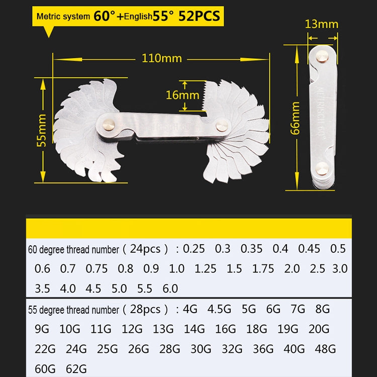 Thread gauge sizing diagram showing 60° and 55° tooth blade measurements