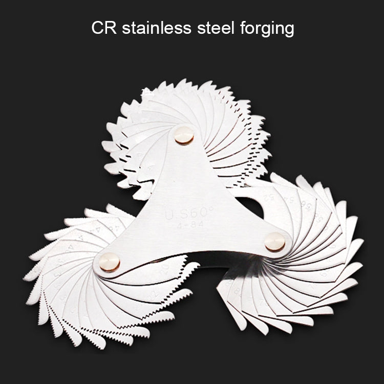Stainless steel thread gauge with interlocking fan-shaped tooth blades and screws