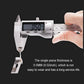 Vernier-style thread gauge tool measuring tooth spacing with a handheld caliper