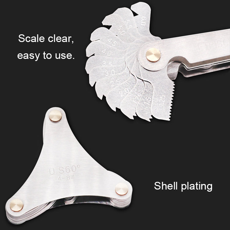 Stainless thread gauge template with curved fan teeth and engraved scale