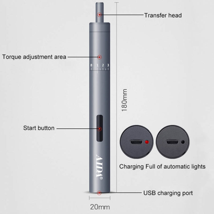Cordless screwdriver handle with torque adjustment dial, start button, USB charging port