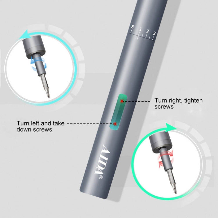 Cordless screwdriver with reversible direction indicators and bit installation tip